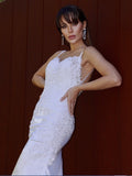 Trumpet/Mermaid Elastic Woven Satin Spaghetti Straps Lace Sleeveless Court Train Wedding Dresses TPP0006528