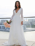 A-Line/Princess Lace V-neck Long Sleeves Sash/Ribbon/Belt Sweep/Brush Train Wedding Dresses TPP0005913