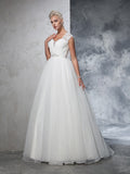 Ball Gown Sweetheart Ruched Sleeveless Long Tulle Wedding Dresses TPP0006724