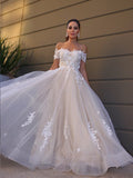 A-Line/Princess Tulle Off-the-Shoulder Short Sleeves Applique Floor-Length Wedding Dresses TPP0005907