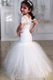 Long Short Sleeves Mermaid Lace Appliques Tulle Flower Girl Dress Wedding Party Dress