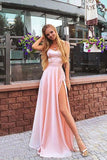 Elegant A Line Sweetheart Spaghetti Straps Chiffon Slit Pink Long Prom Dresses