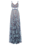 2024 Blue Lace Spaghetti Long A-line Backless V-Neck Sleeveless Prom Dresses