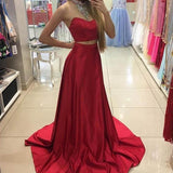 Fabulous Two Piece Red Halter Sleeveless Sweep Train with Beading Prom Dresses