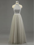 High Quality Long Prom Gown Tulle Ruffled Bridal Dress Princess Light Grey Gray Prom Gowns