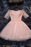 Cute Lace Tulle A-line Off the Should Half Sleeves Short Homecoming Dresses