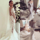 Illusion Neckline Lace Appliques Mermaid Long Sleeves Court Train Ivory Wedding Dresses