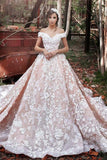 2024 A-Line Off the Shoulder Ball Gown Court Train Tulle Appliques Wedding Dresses
