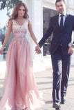 Elegant Pink Long V-Neck Appliques Sleeveless A-Line Chiffon Prom Dresses