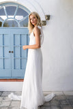 2024 Boho V-neck A-Line White Cheap Lace Chiffon Backless Sash Summer Beach Wedding Dresses