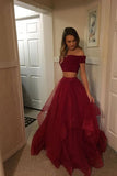 Tulle Two Piece A-Line Off-Shoulder Sleeveless Floor-Length Long Prom Dresses