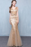 Golden Sequins V-Neck Mermaid Elegant Tulle Sleeveless Prom Dresses with Sash Bowknot
